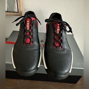 Prada Men's Black and Red Lace-Up Sneakers